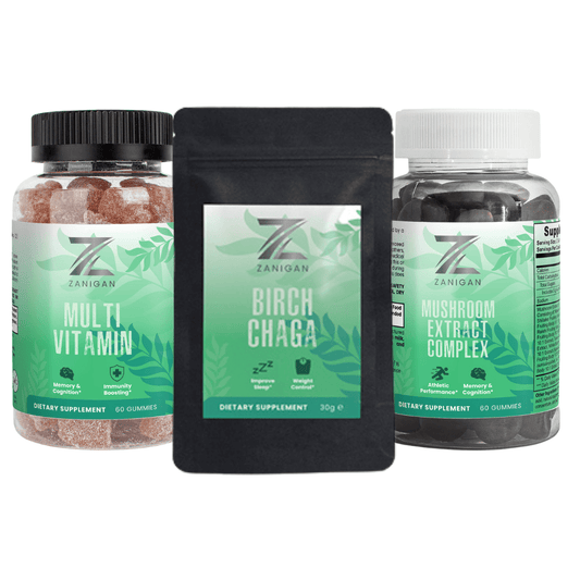 Birch Chaga Microbiome Wellness Powder, Elderberry & Vitamin C Gummies, Mushroom Extract Complex
